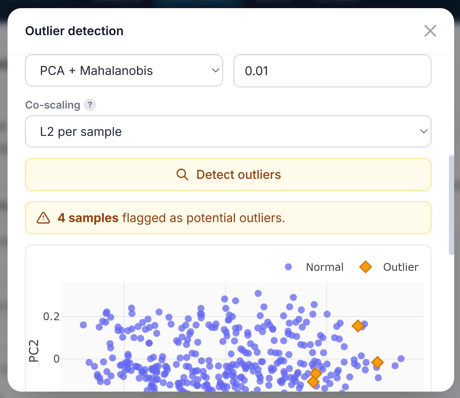 Forge outlier detection panel showing flagged samples
