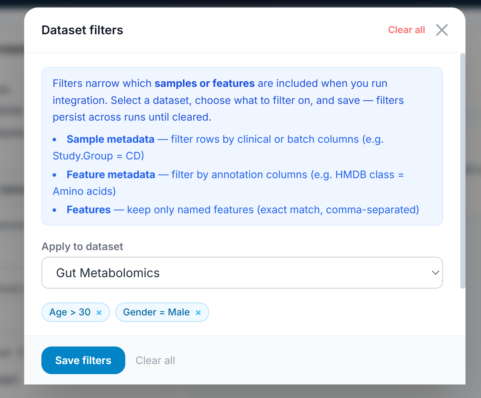 Forge dataset filtering interface